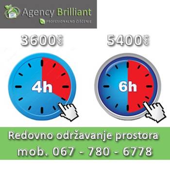 Brisanje i redovno održavanje prostora za 4h rada 3600 rsd, za 6h rada 5400 rsd