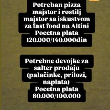 Potrebni radnici u Fast Food-u na Altini